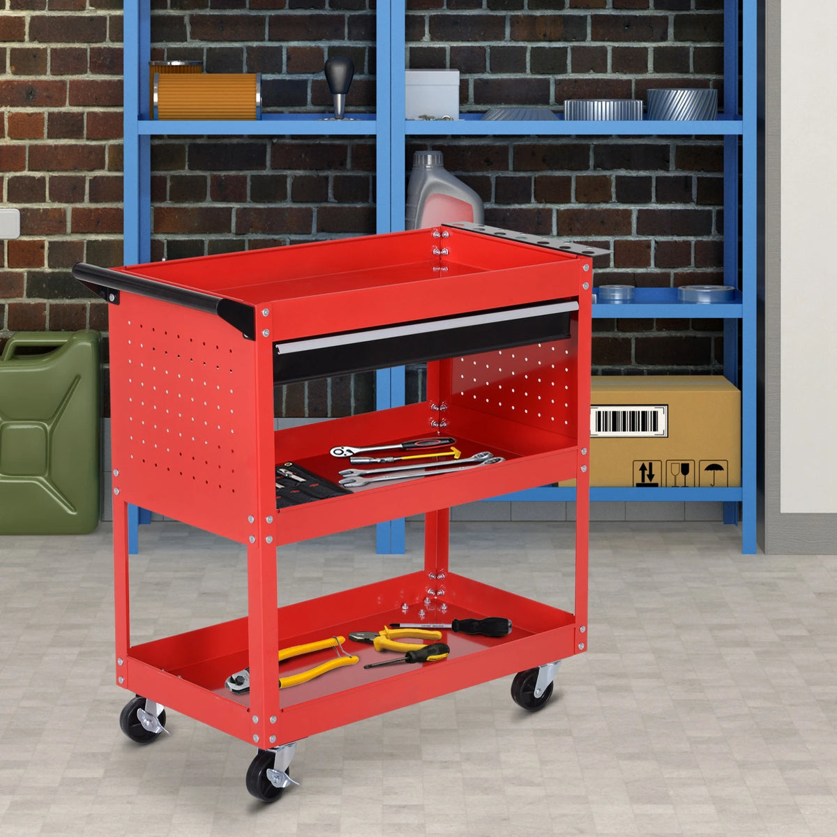 3-tier Tool Trolley Cart Roller Cabinet, Garage Workshop Storage with Drawer