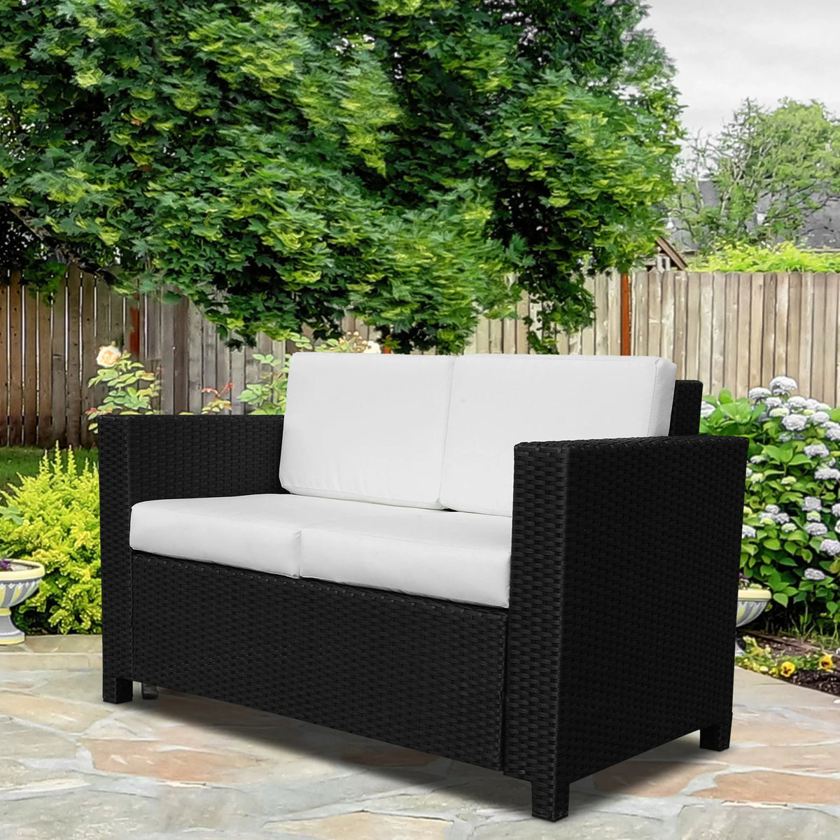 2 Seater Rattan Garden Sofa with Padded Cushions, PE Wicker Loveseat with Armrests, 130 x 70 x 80 cm