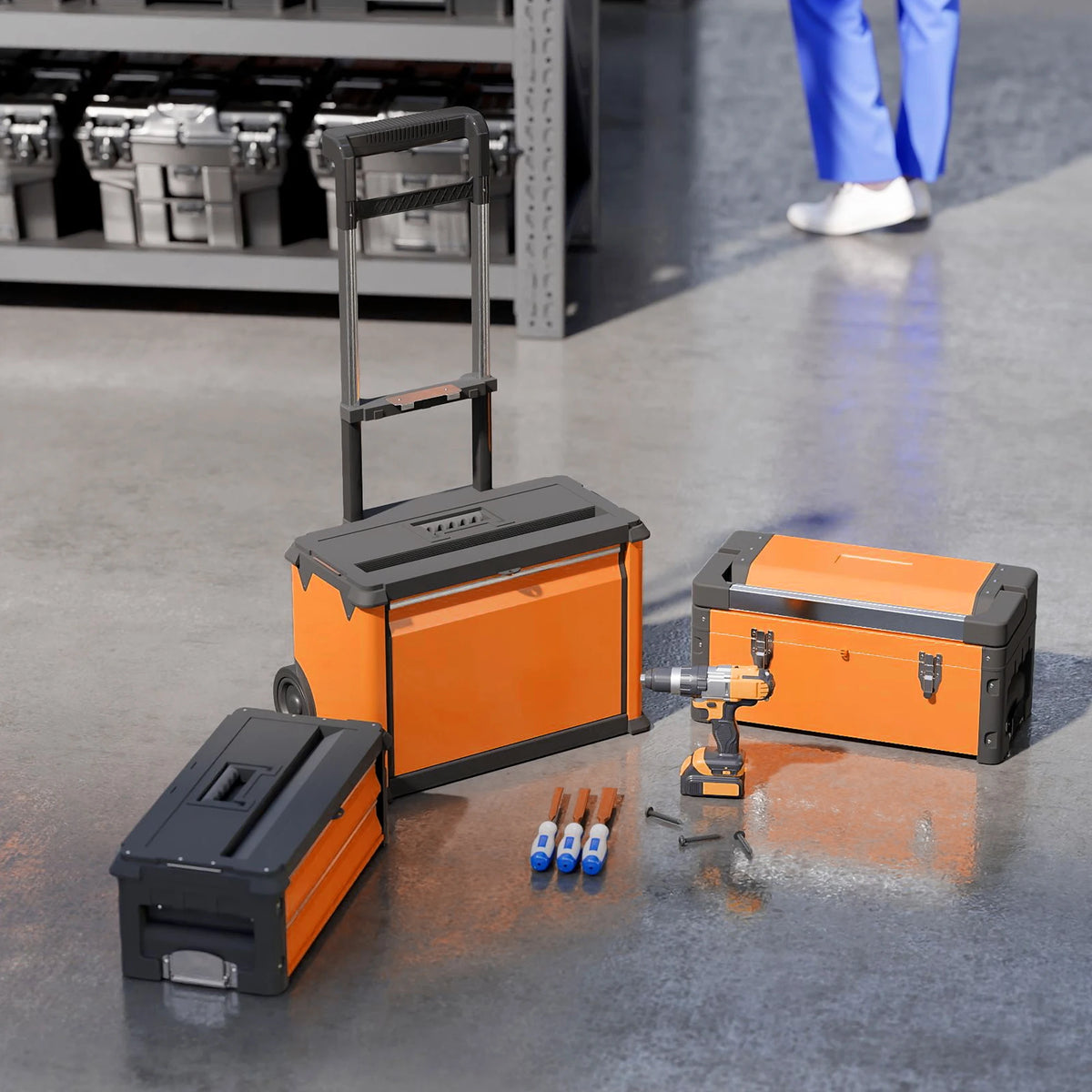3-in-1 Stackable Rolling Steel Tool Box with Tray, Drawers and Telescopic Handle