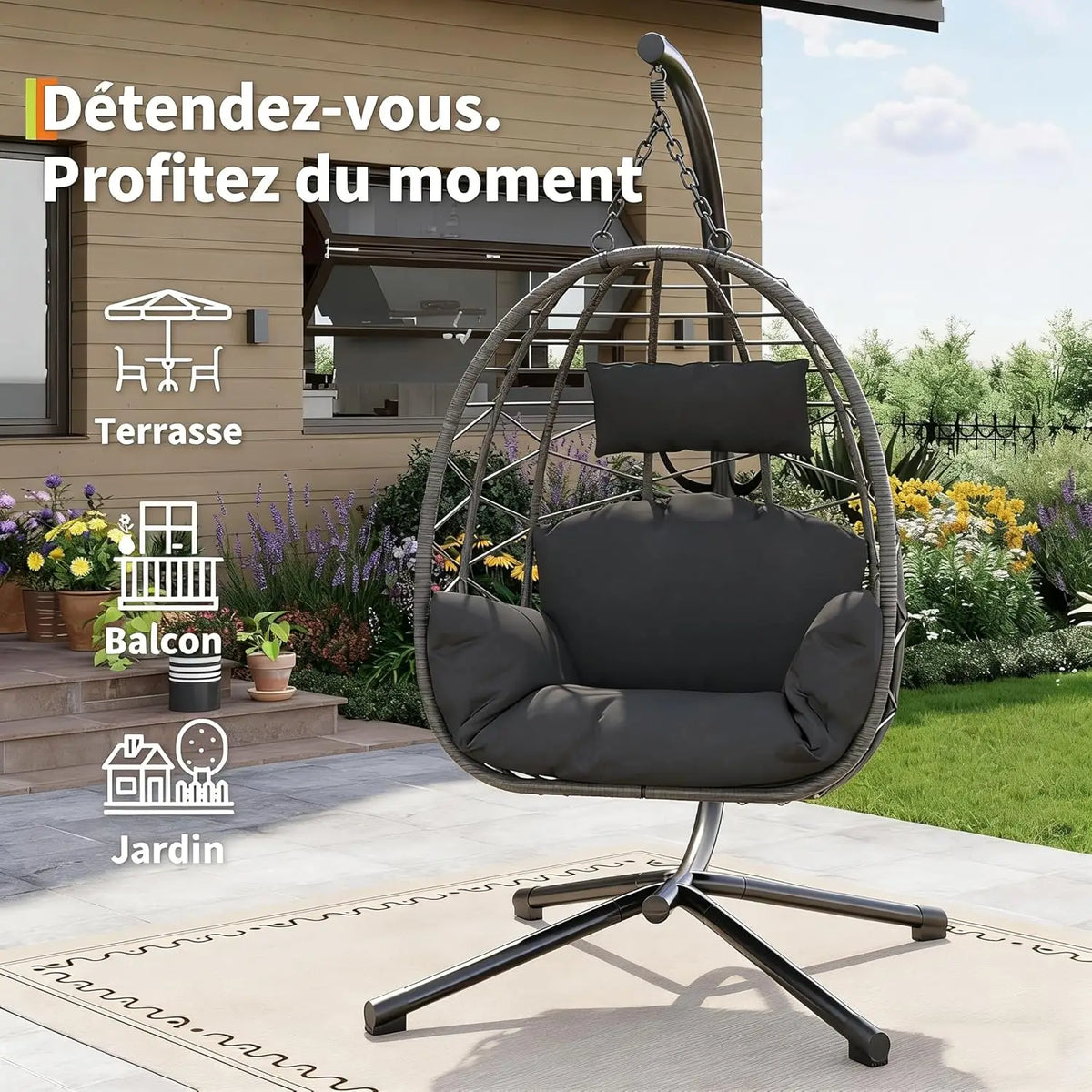 Garden Rattan Hanging Egg Chair with Stand Cushions 150kg Foldable All-Weather Cover for Patio Outdoor