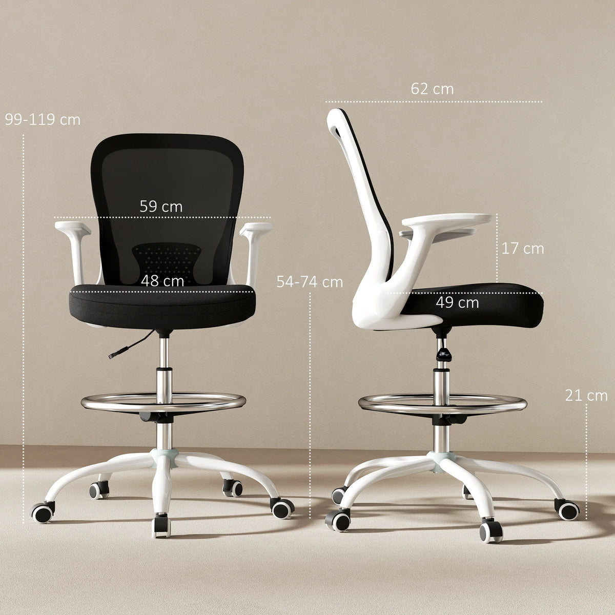 Mesh Draughtsman Chair with Flip-Up Armrests and Foot Ring, Black and White