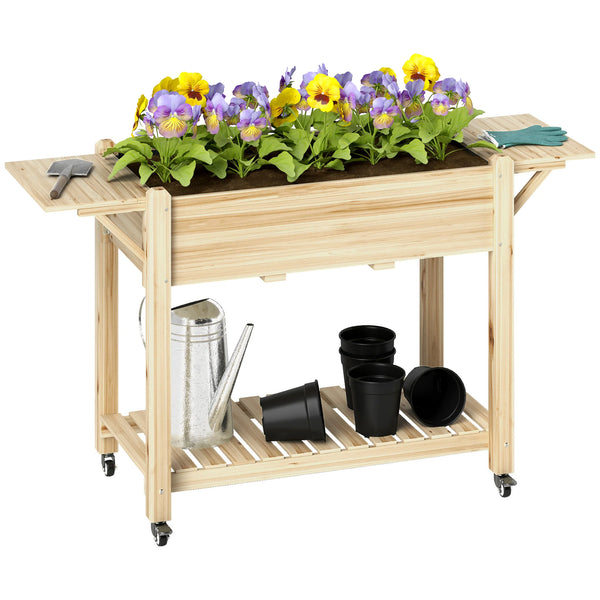 Raised Bed Planter on Wheels with 2 Lift Up Side Tables Fabric Liner 5 Drainage Holes Fir Wood Natural