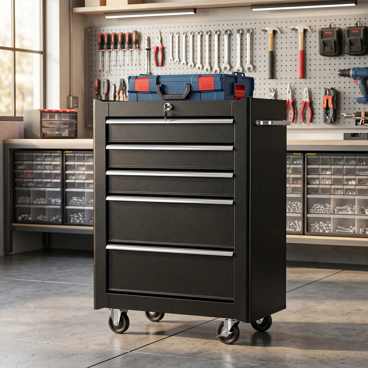 5-Drawer Lockable Steel Tool Cabinet on Wheels with Side Handle