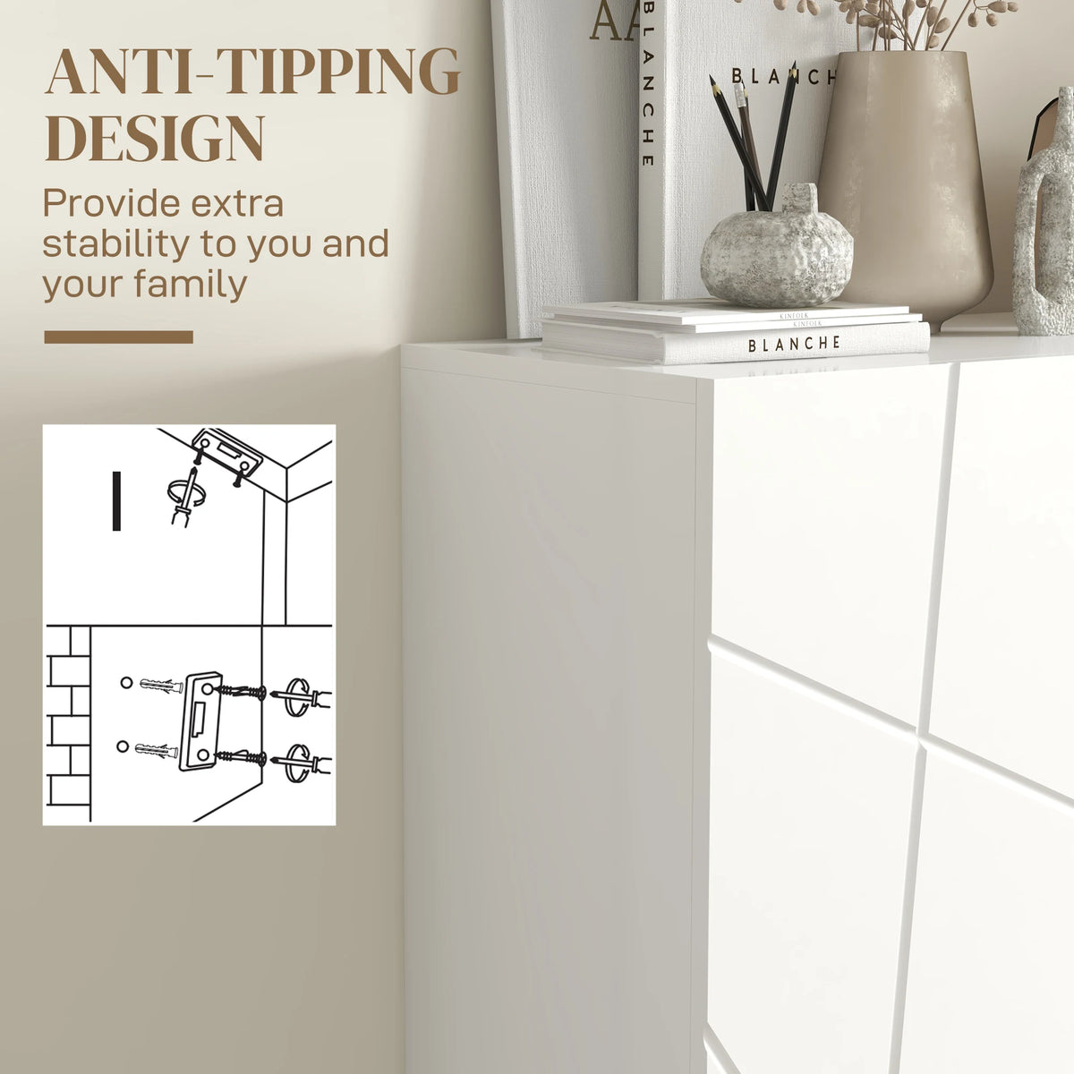 Narrow Shoe Storage Cabinet with Soft-Close Doors and Adjustable Shelves, High Gloss White