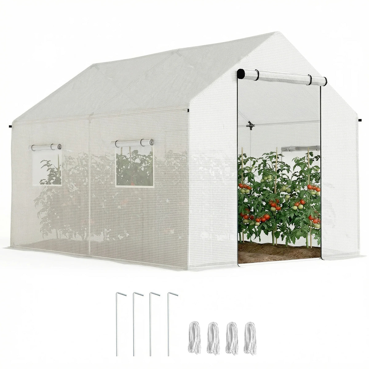 2 x 3m Polytunnel Greenhouse with Wide Door and 4 Mesh Windows, White