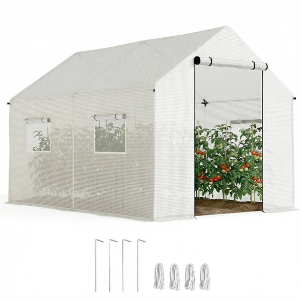 2 x 3m Polytunnel Greenhouse with Wide Door and 4 Mesh Windows, White