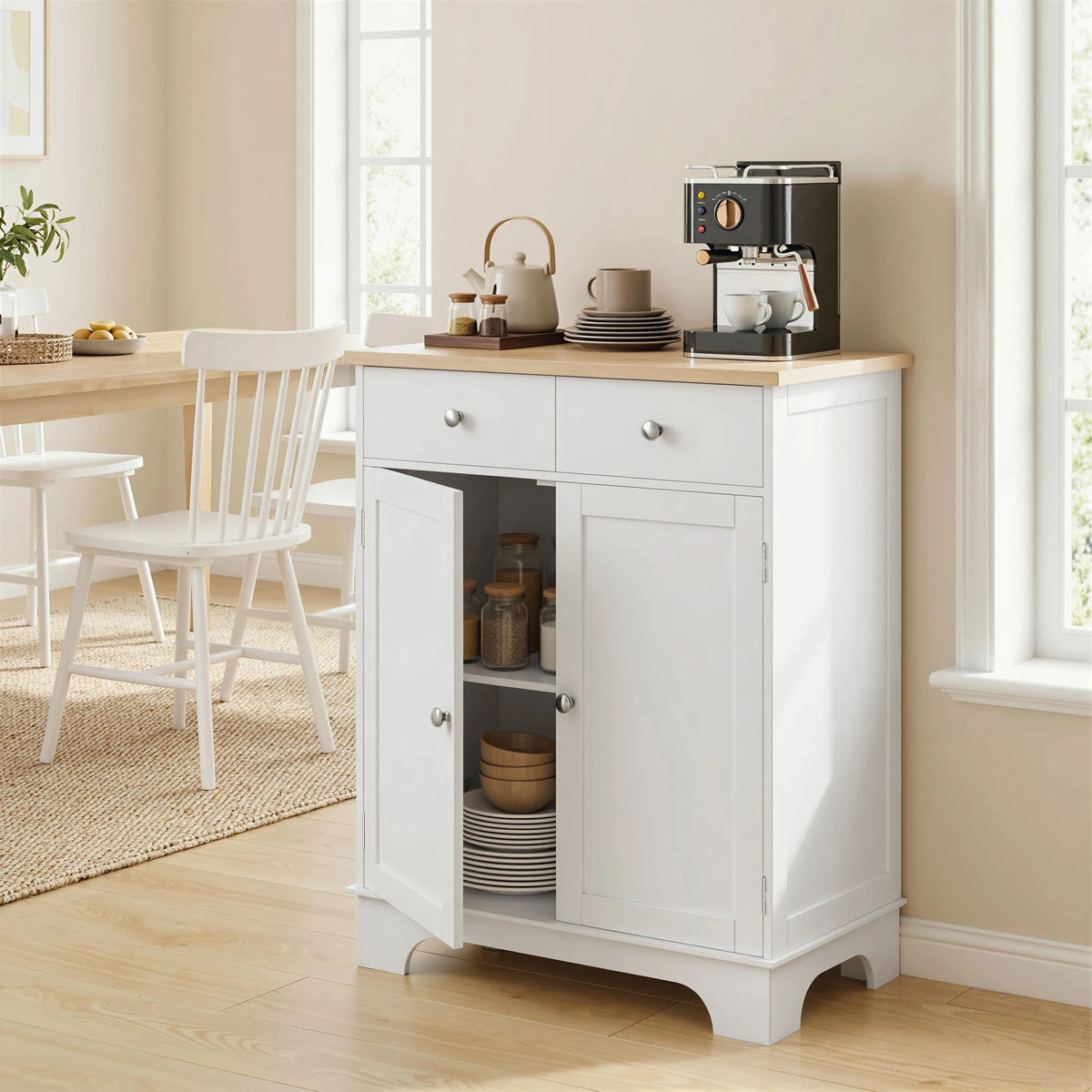 Kitchen Storage Cabinet with Rubberwood Top, 2 Drawers and Adjustable Shelf, White