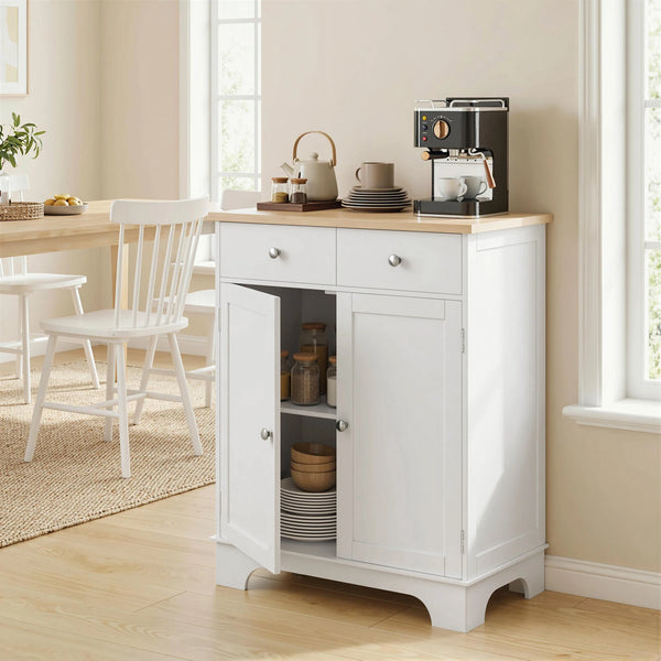 Kitchen Storage Cabinet with Rubberwood Top, 2 Drawers and Adjustable Shelf, White