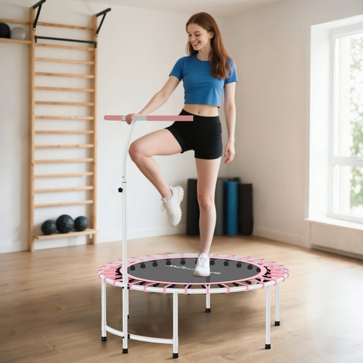 40" Fitness Trampoline, Mini Rebounder Trampoline for Adults with 5-Level Adjustable Handle, Max Load 100KG, Pink