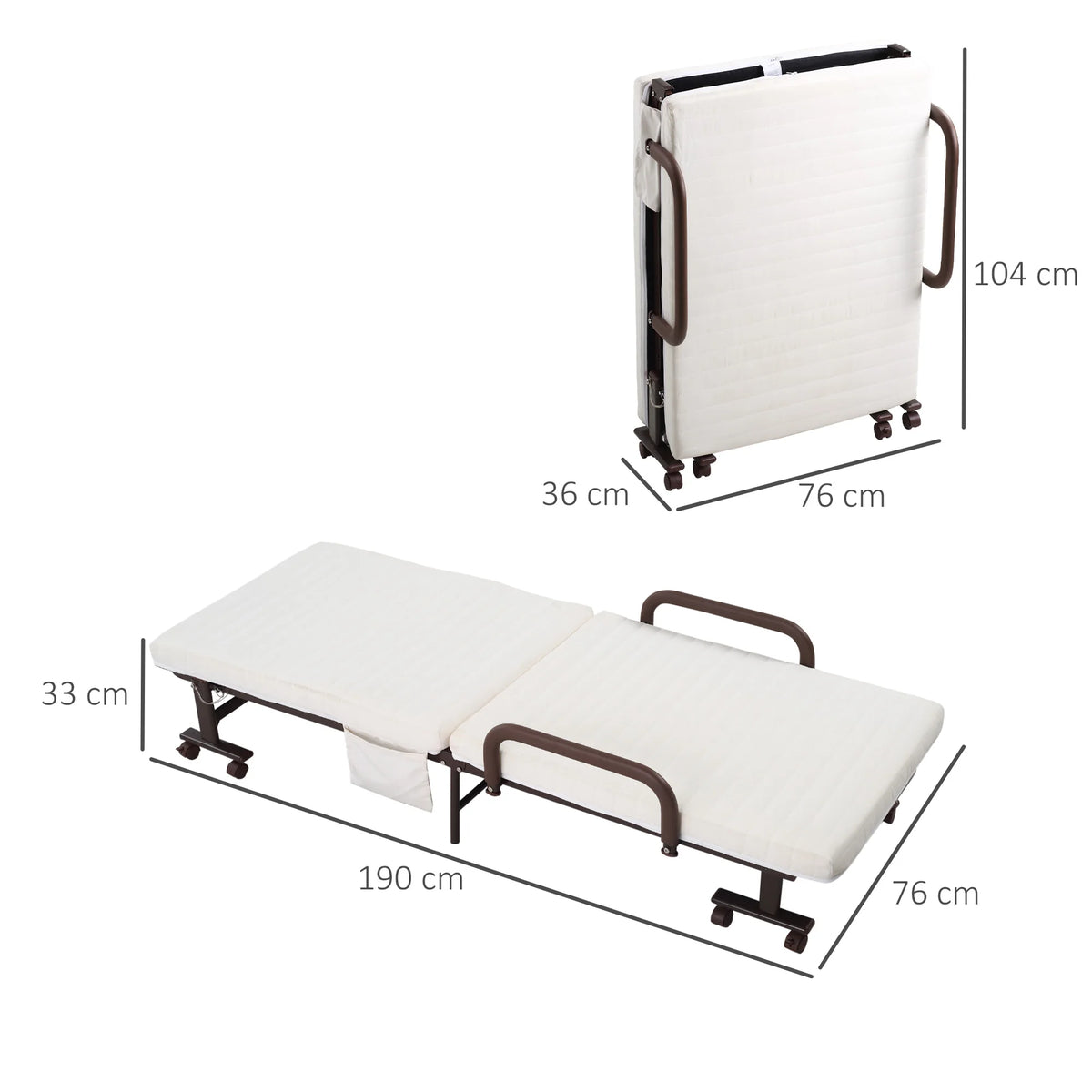 Folding Guest Bed with 8cm Mattress and Adjustable Backrest, Single 190 x 76 cm, on Wheels