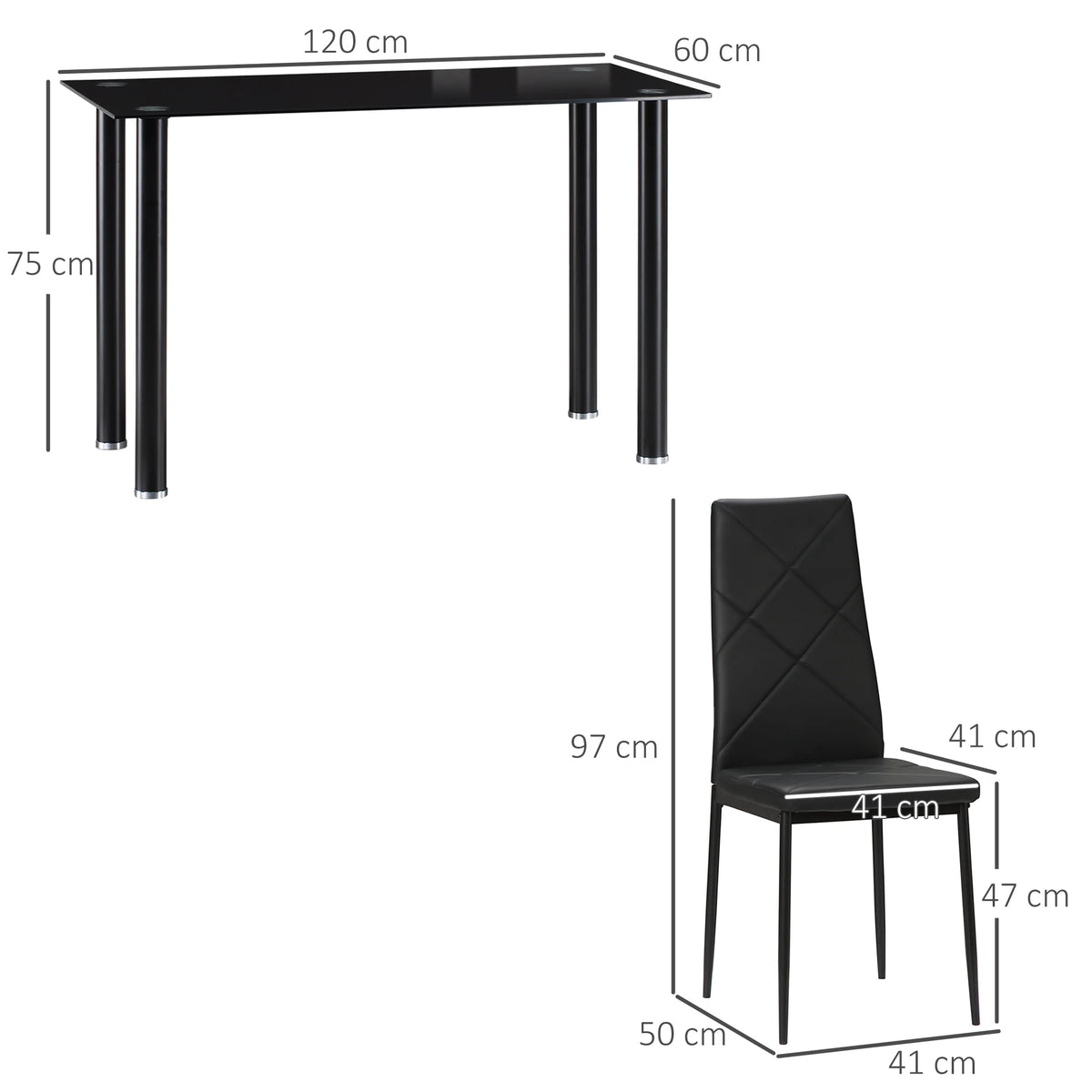 Dining Table Set for 4 with Glass Top and Padded Chairs, 120 x 60 x 75 cm, Black