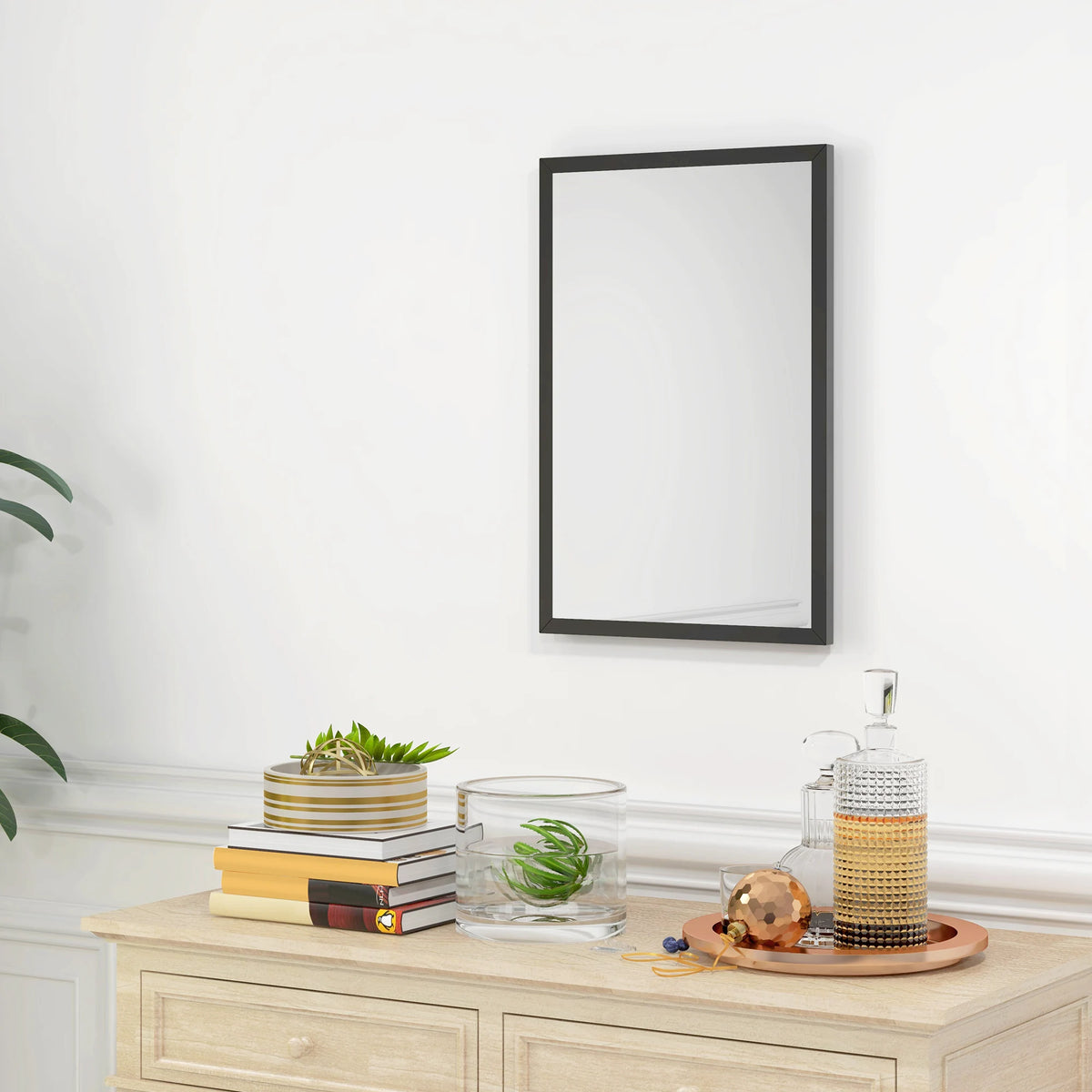 Wall Mirror 60x40cm Rectangular with Thick Shatter Protected Multi Layer Glass and Pre Moulded Hooks Black