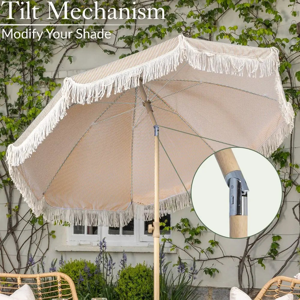 2m Tilting Garden Parasol with Cotton Tassels, Portable Beach Umbrella, UV50, Taupe Stripe