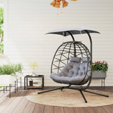 Double Rattan Hanging Egg Chair with Sunshade Canopy, Thick Cushion and Removable Headrests for 2 People