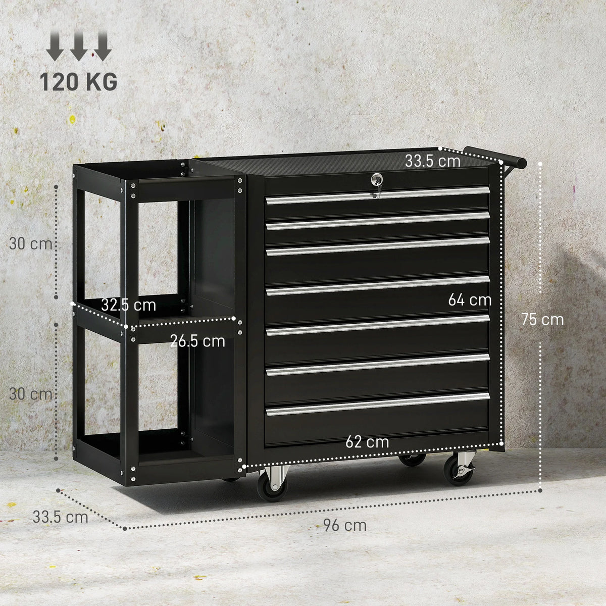 7-Drawer Lockable Steel Tool Chest on Wheels with Side Shelf, Black