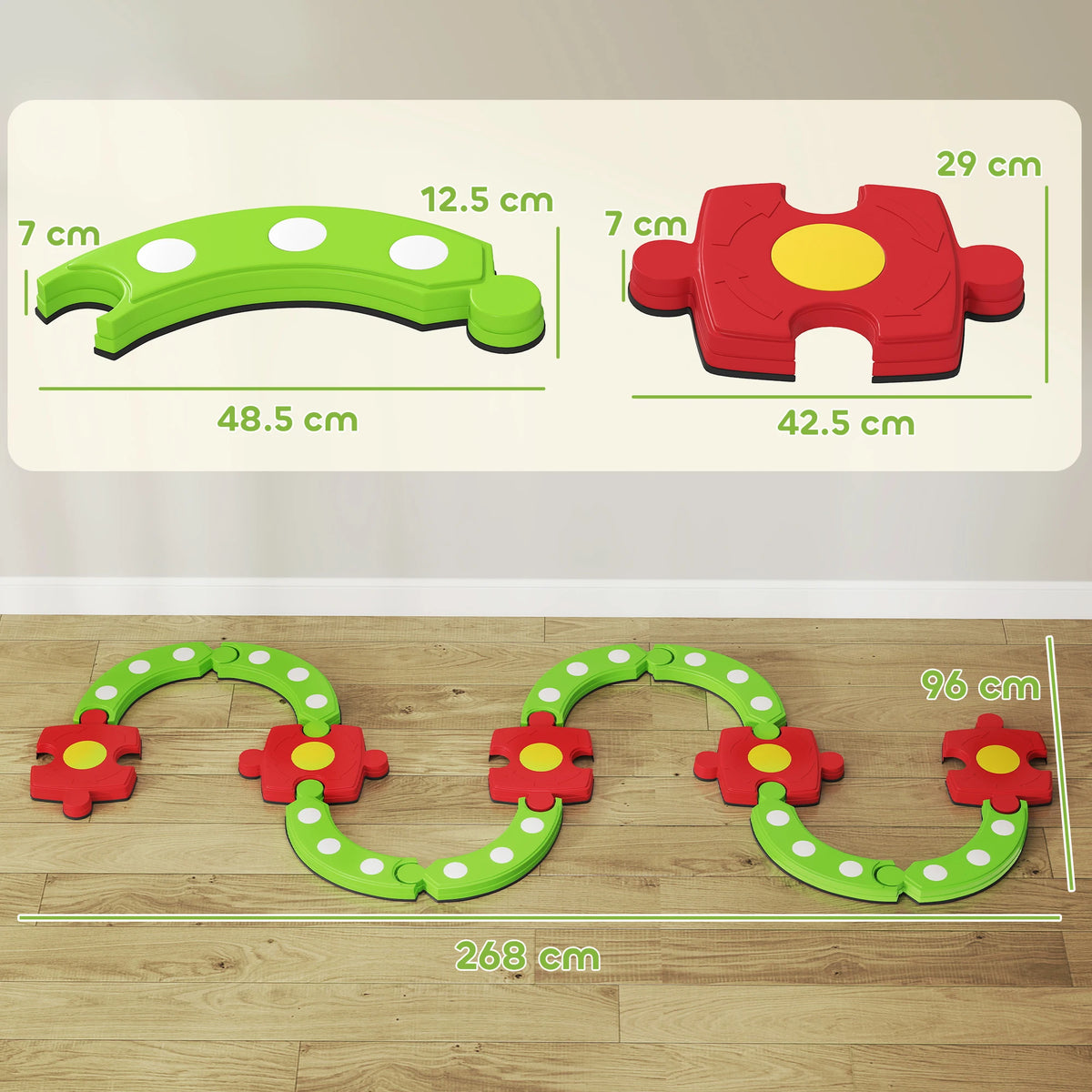 Kids Balance Beam and Stepping Stones Modular Sensory Set with Textured Bumps 50kg Indoor Outdoor Green