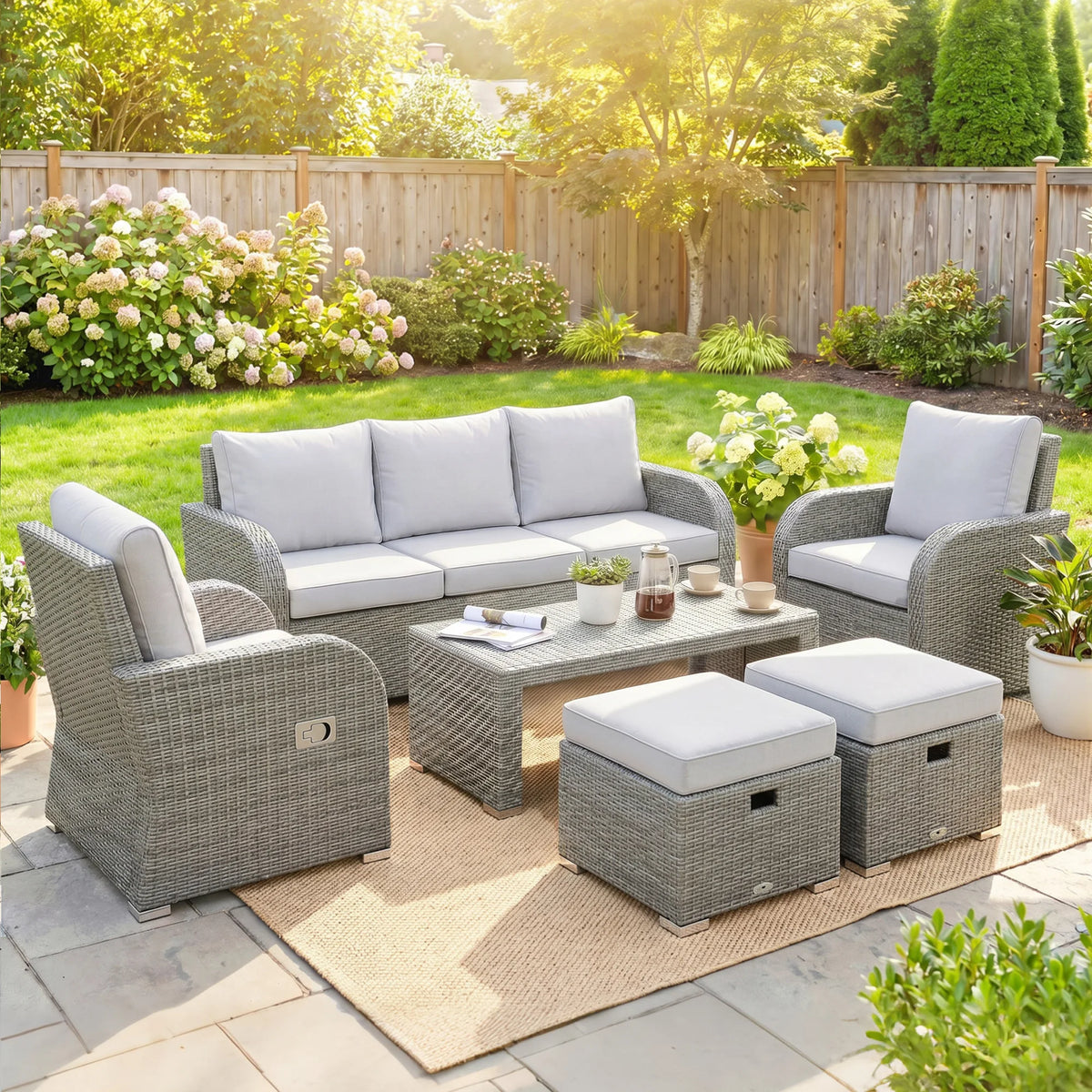 6 Piece Rattan Garden Sofa Set 3 Seater 2 Reclining Armchairs 2 Footstools Table Powder Coated Steel