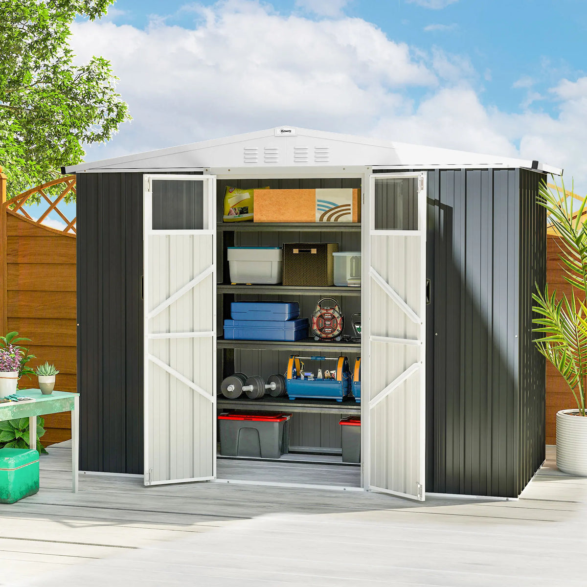 8 x 4ft Metal Garden Shed with Double Doors, Windows and Vents, Dark Grey