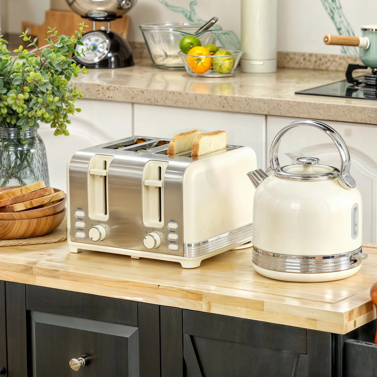 1.7L Kettle and 4-Slice Toaster Set, Cream and Stainless Steel