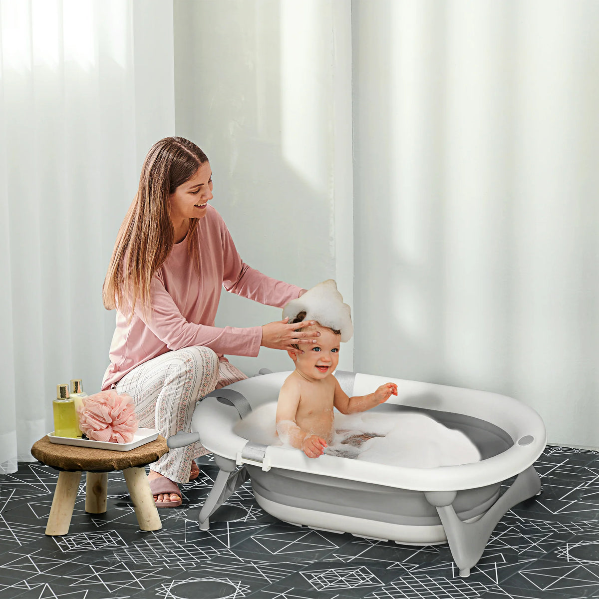 Foldable Baby Bath Tub with Temperature Indicating Plug Ergonomic Cushion and Non Slip Folding Legs