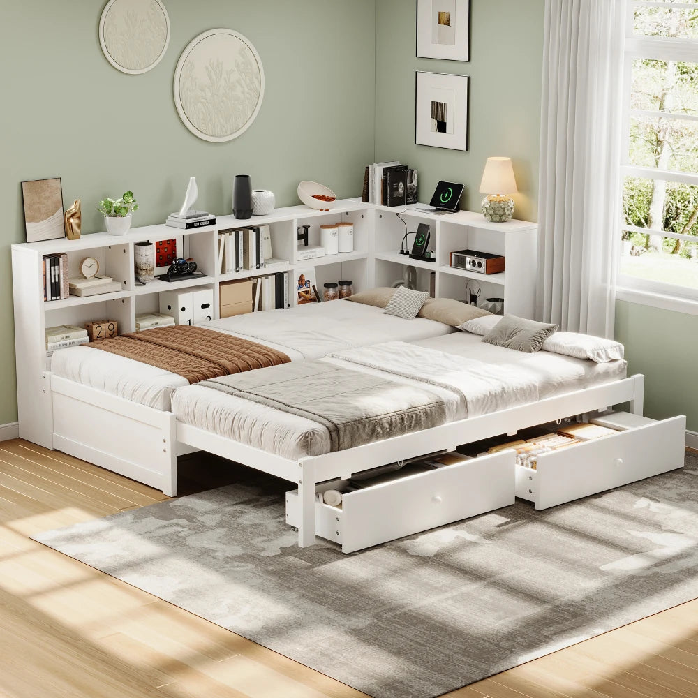 3ft Single Daybed with Storage Drawers, Pull-Out Trundle & Charging Station, White