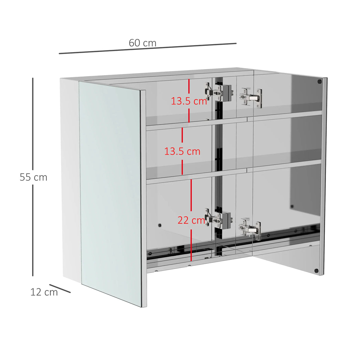 Stainless Steel Bathroom Mirror Cabinet, Double Door Wall Mounted, 60 x 55 x 12 cm