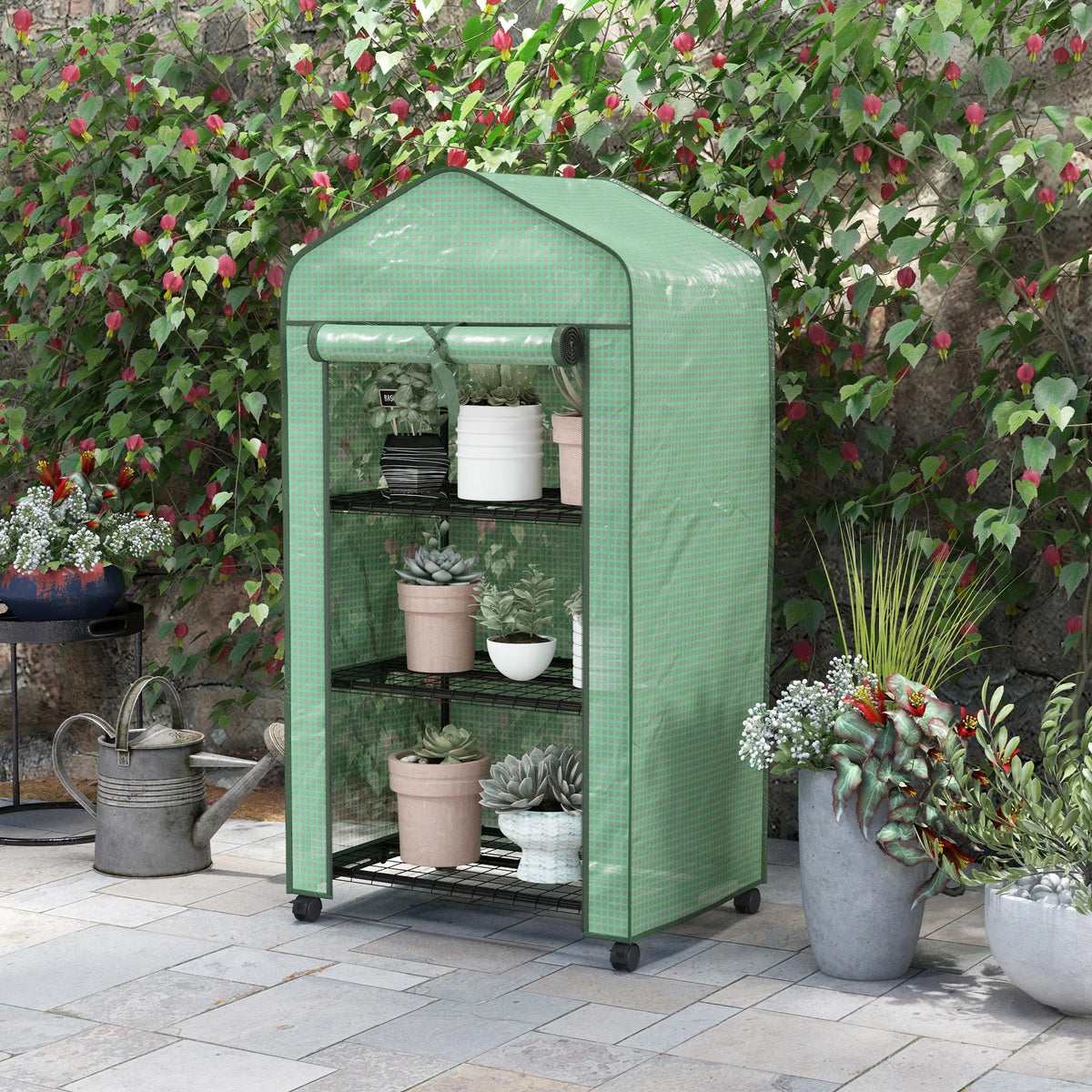 3-Tier Mini Greenhouse with Reinforced PE Cover, Green