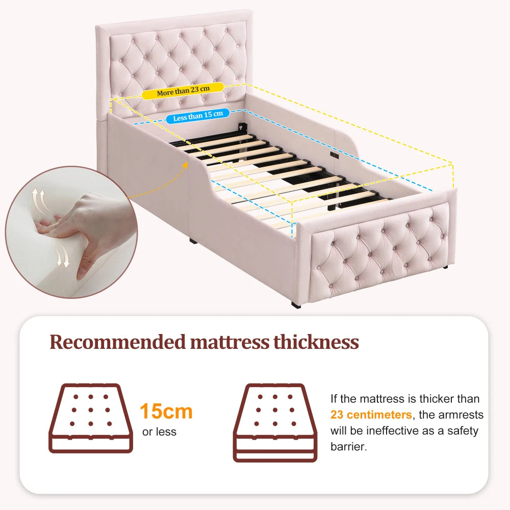 Upholstered Single Bed 3FT 90 x 190cm, Children's Hydraulic Storage Bed with Headboard, Pink Velvet