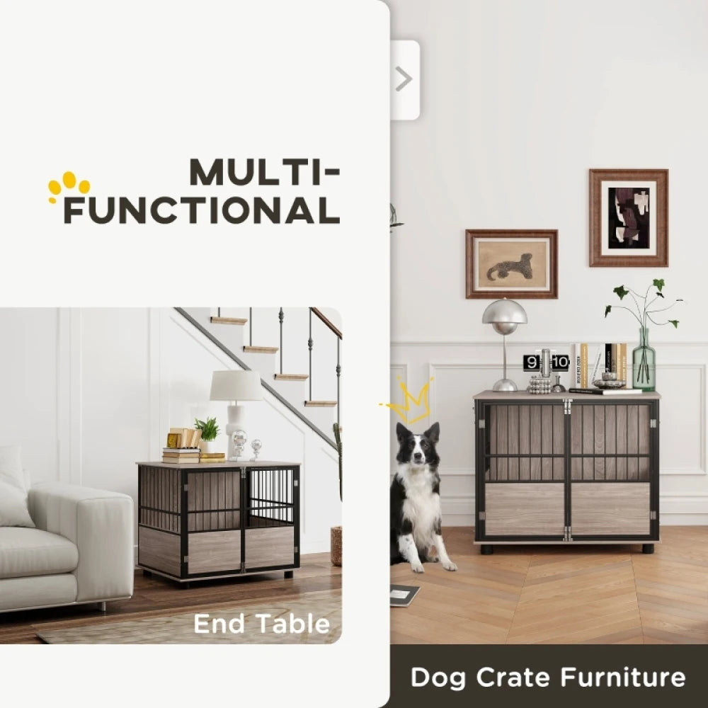80cm Furniture Style Dog Crate End Table 3 Doors Soft Washable Cushion for Medium Dogs Brown