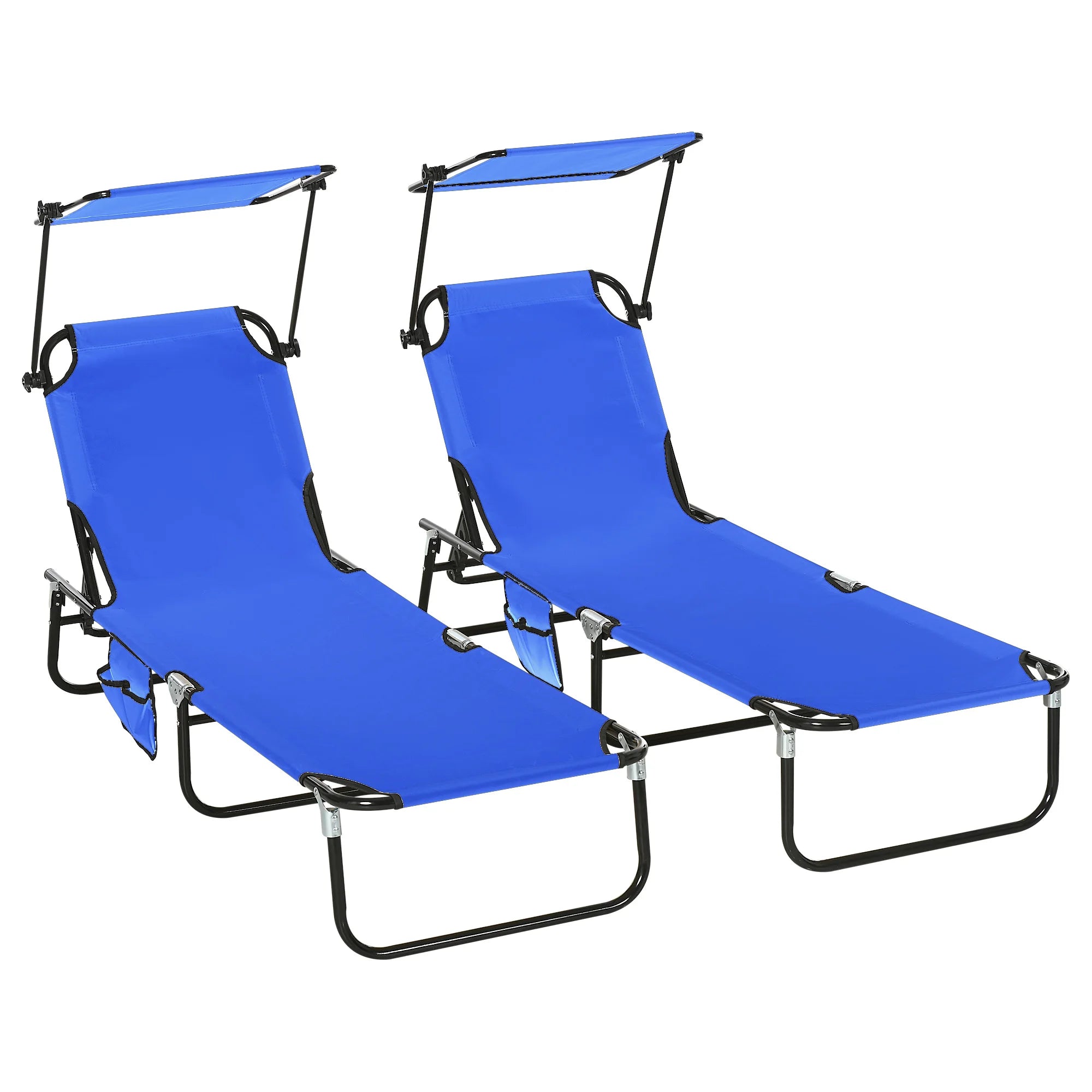 Set of 2 Folding Sun Loungers with Canopy, 5-Position Recline, Side Pocket and Breathable Mesh Fabric