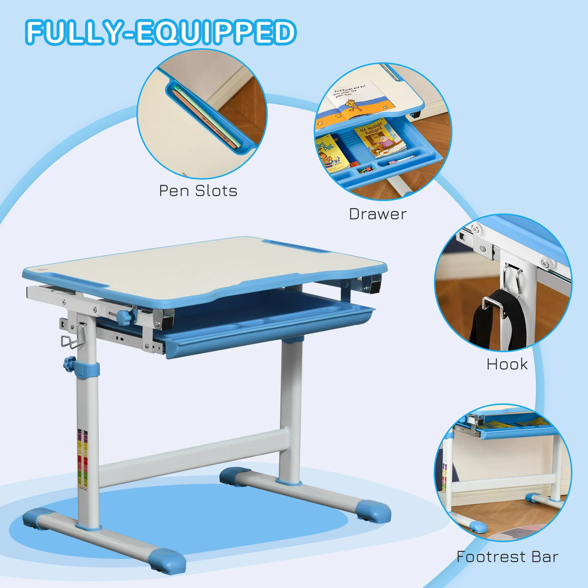 Kids Desk and Chair Set Height Adjustable 52-77cm with 45 Degree Tilting Top Drawer 2 Pen Slots and Hook