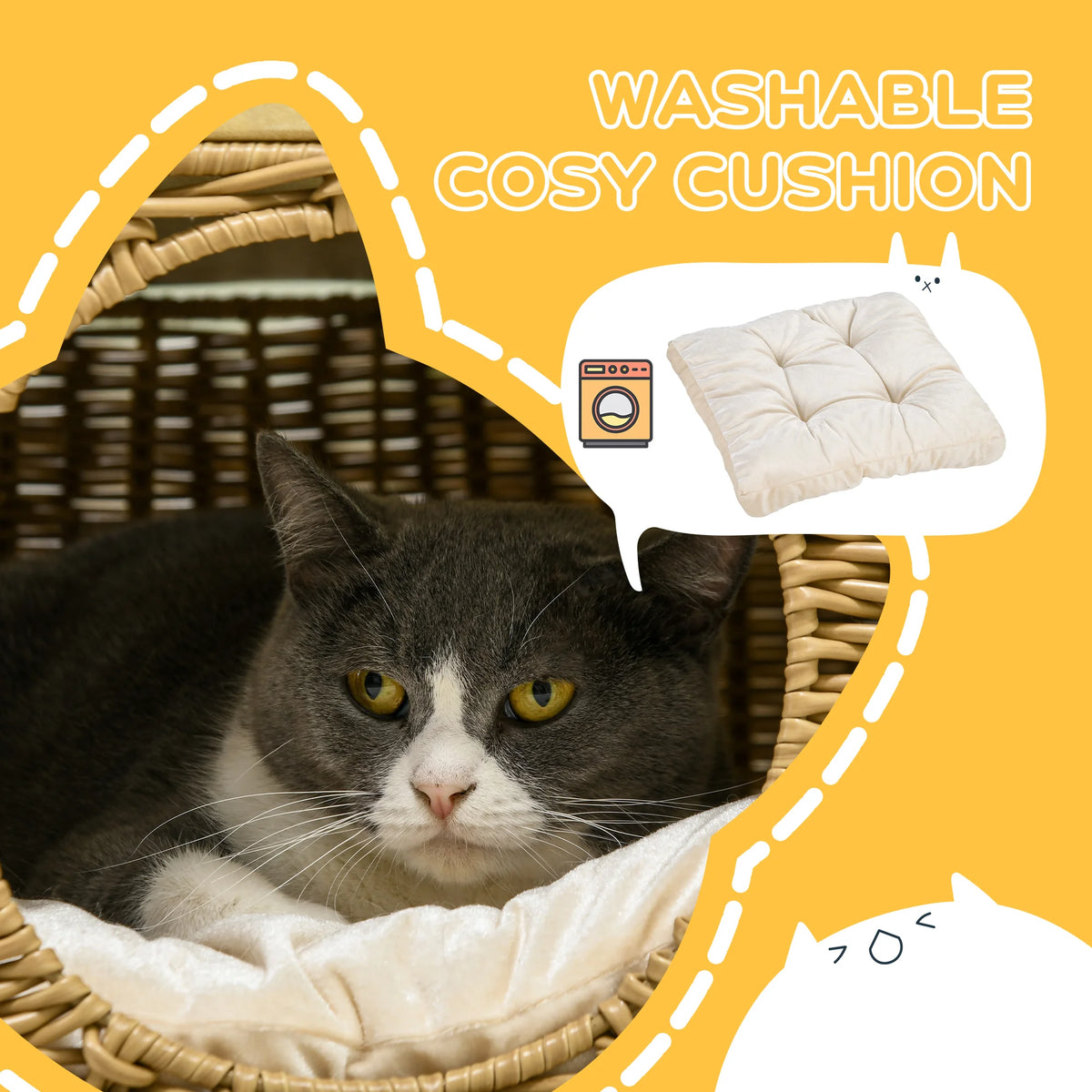 Elevated Wicker Cat House 40x40x34cm PE Rattan Cat Cave with Washable Cushion 19cm Door Light Brown