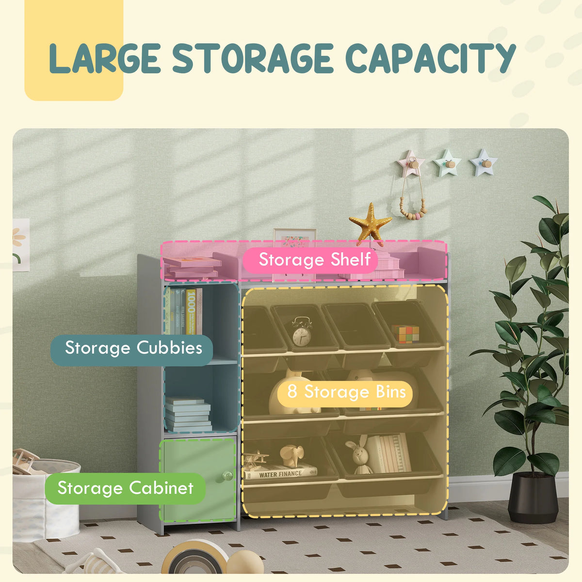 Kids Toy Storage Unit with 8 Removable Bins 2 Grids Cabinet and Top Shelf MDF and Steel Nursery Grey