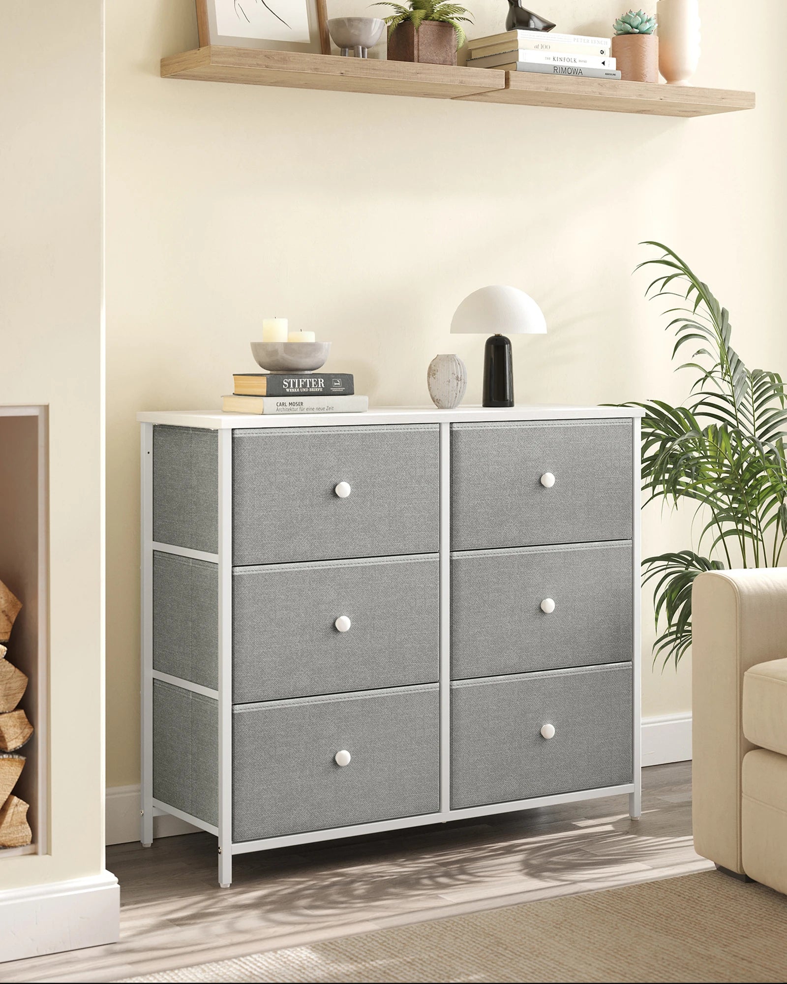 6 Drawer Fabric Chest of Drawers 80x30x71cm Metal Frame Wood Knobs Grey for Bedroom Nursery Hallway