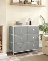 6 Drawer Fabric Chest of Drawers 80x30x71cm Metal Frame Wood Knobs Grey for Bedroom Nursery Hallway