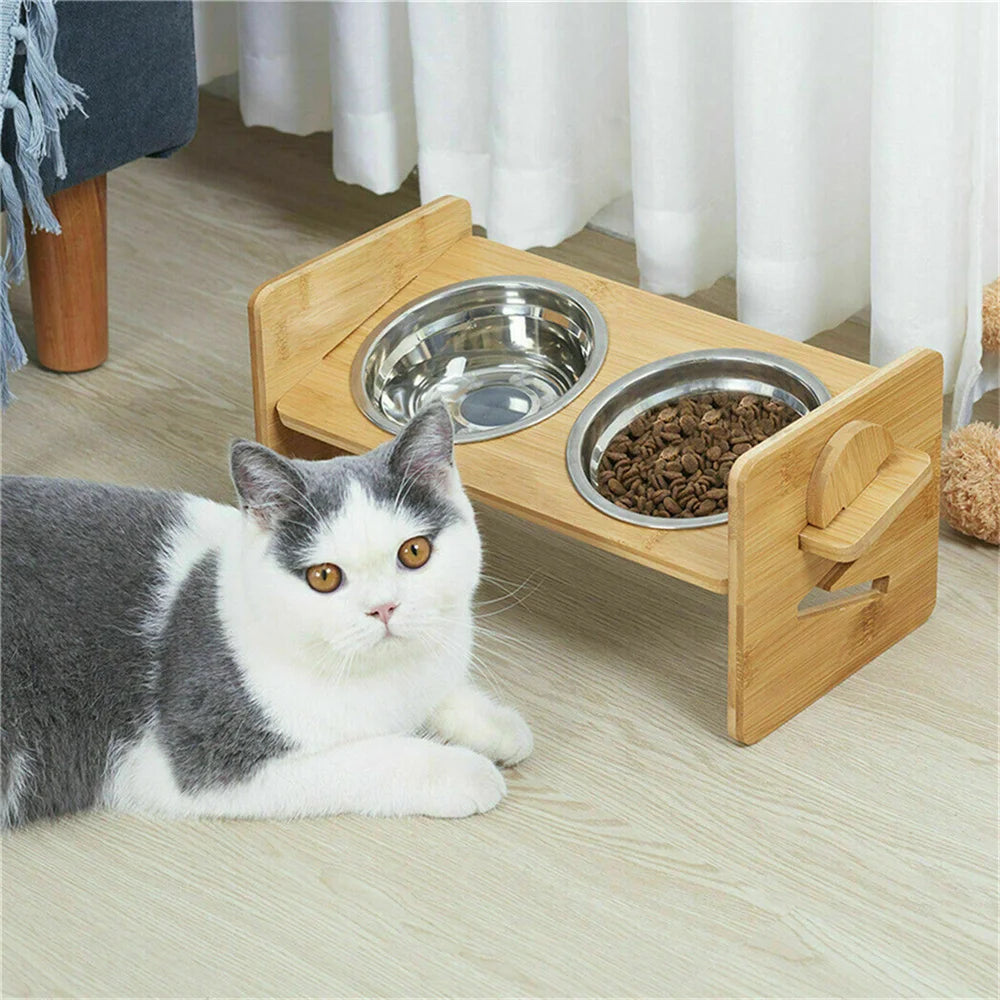 Elevated Dog Bowls with Bamboo Stand 4 Height Adjustable 2 x 380ml Stainless Steel Bowls 31x17x16cm