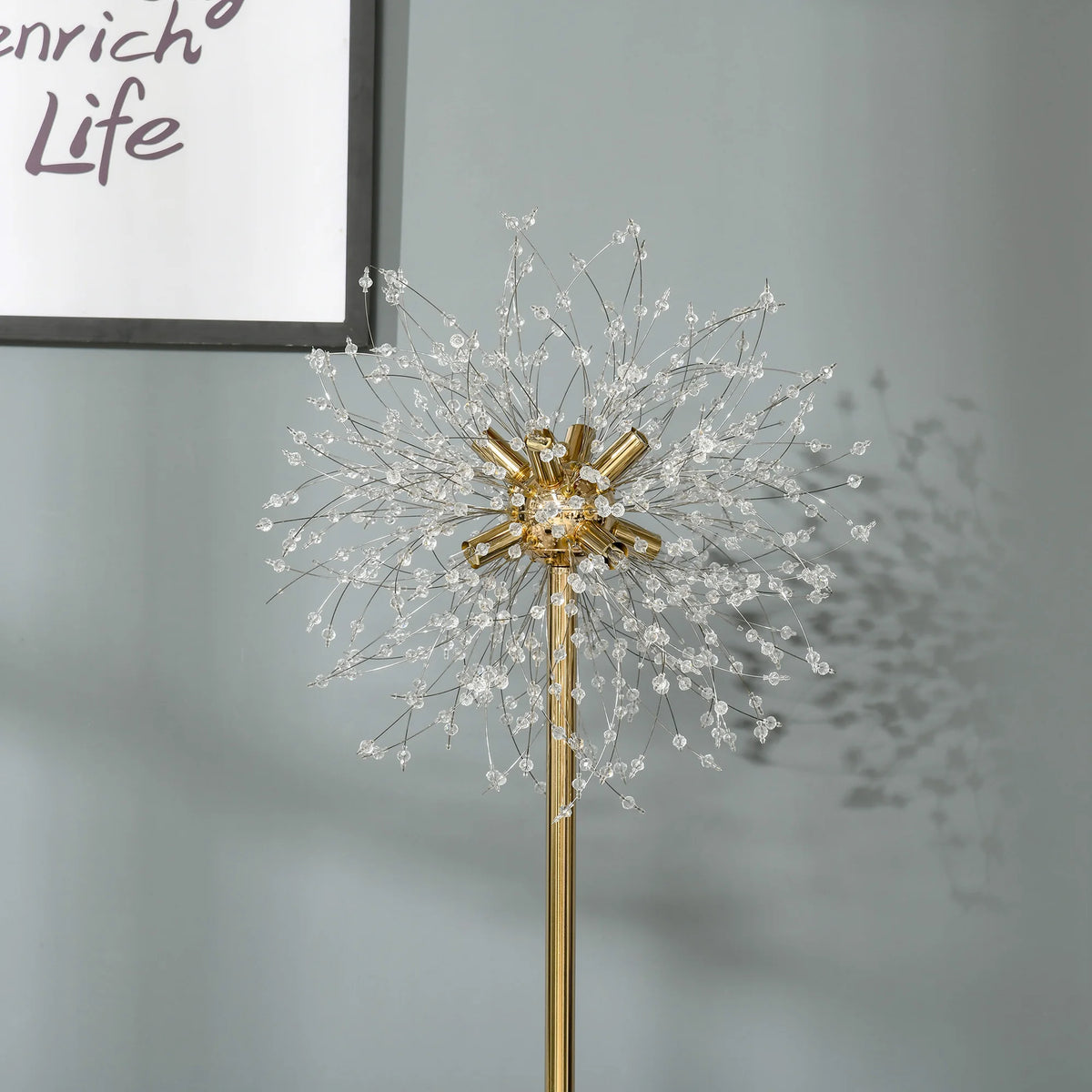 Dandelion Crystal Floor Lamp with Marble Base and Foot Switch, Gold Tone