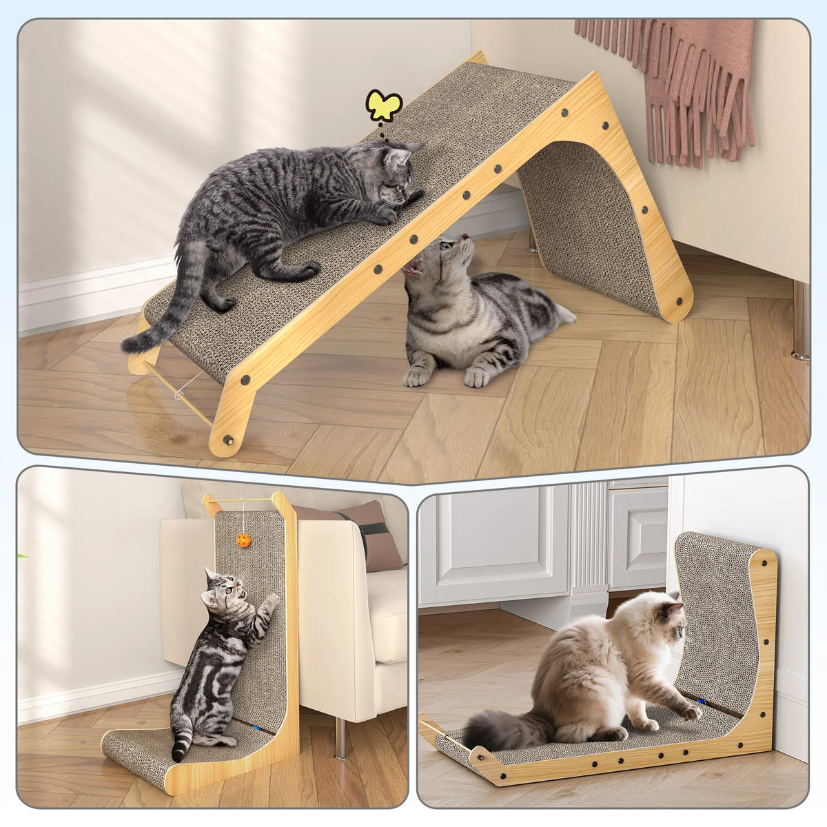 L Shaped Corner Cat Scratching Pad 68cm Solid Wood Frame Corrugated Board with Integrated Toy Ball