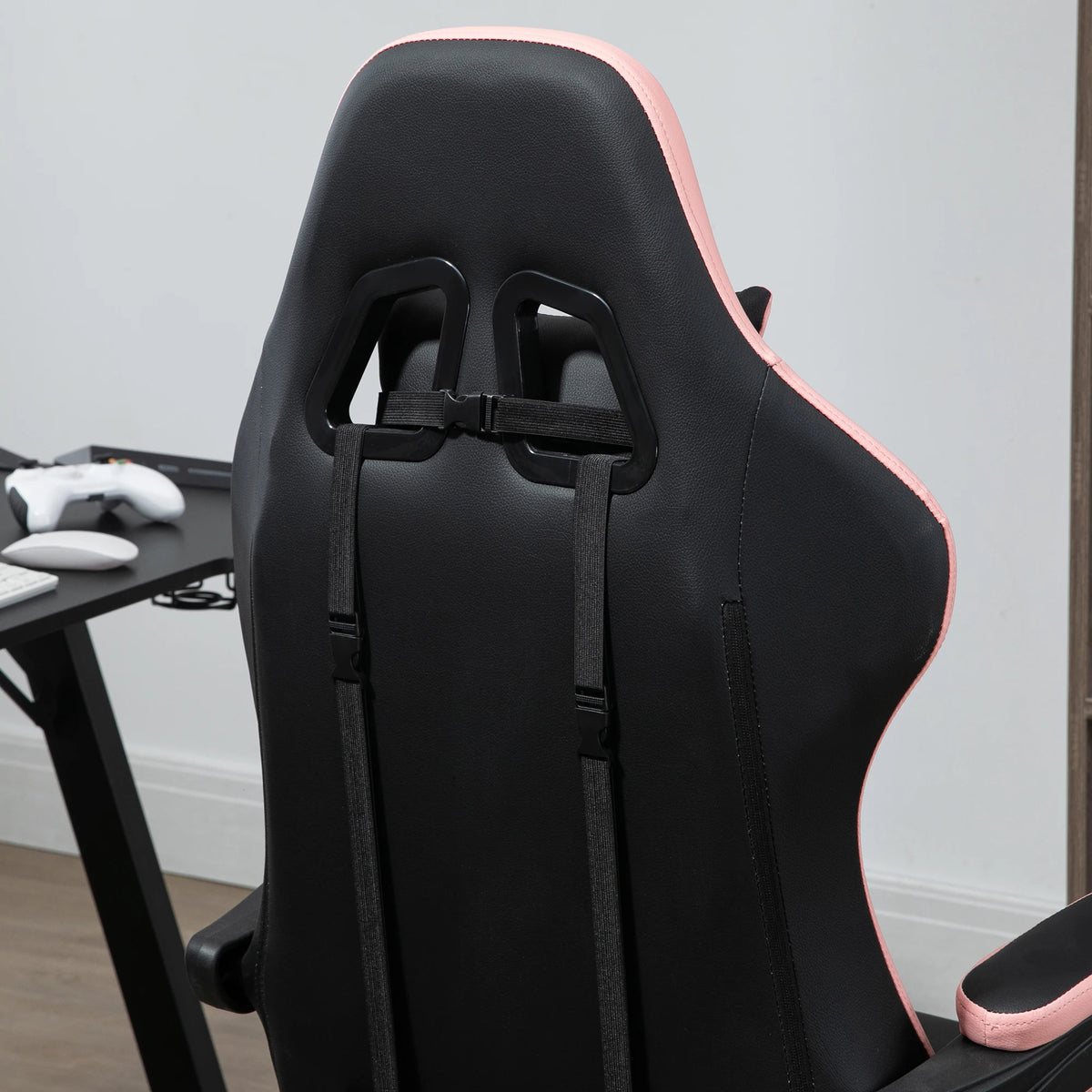 Reclining Racing Gaming Chair with Footrest and Headrest, Faux Leather, Black and Pink