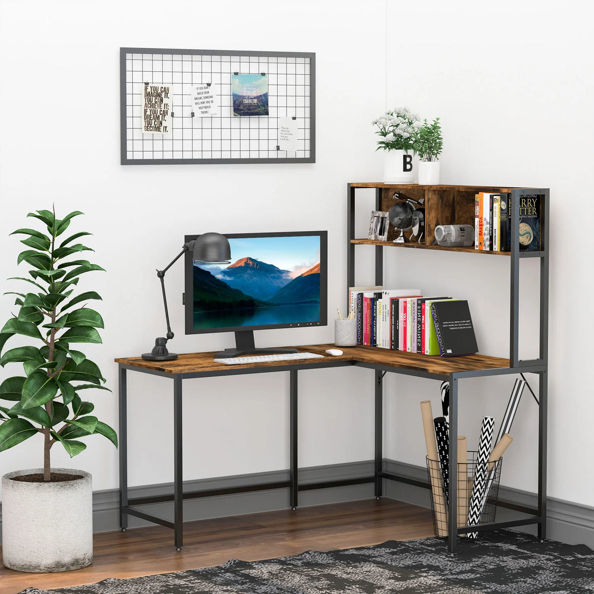Industrial L-Shaped Work Desk with Storage Shelf, Steel Frame, Adjustable Feet