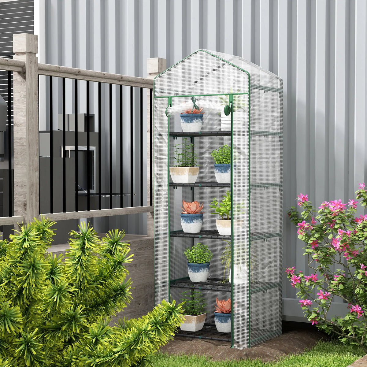 Portable Mini Greenhouse with 5 Wire Shelves and Roll-Up Door, 193cm