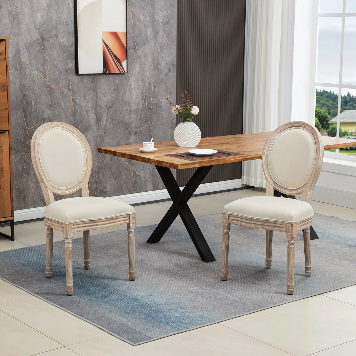 French-Style Dining Chairs, Set of 2 with Linen-Look Upholstery and Oval Backs