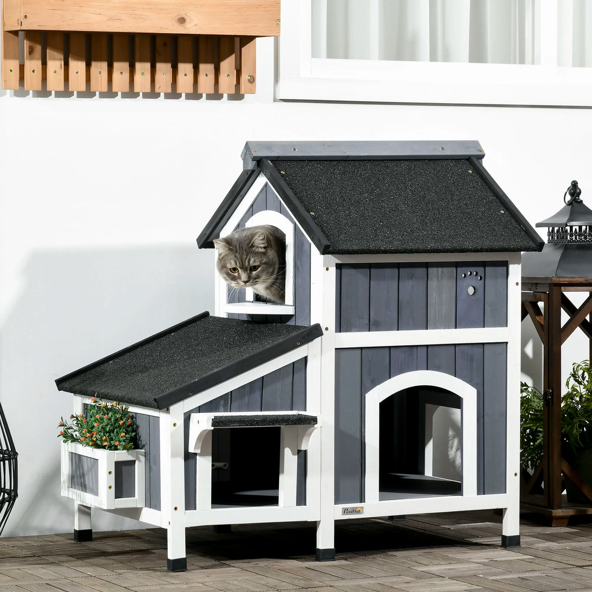 Outdoor Wooden Cat House with Flower Box, Windows and Multiple Entrances