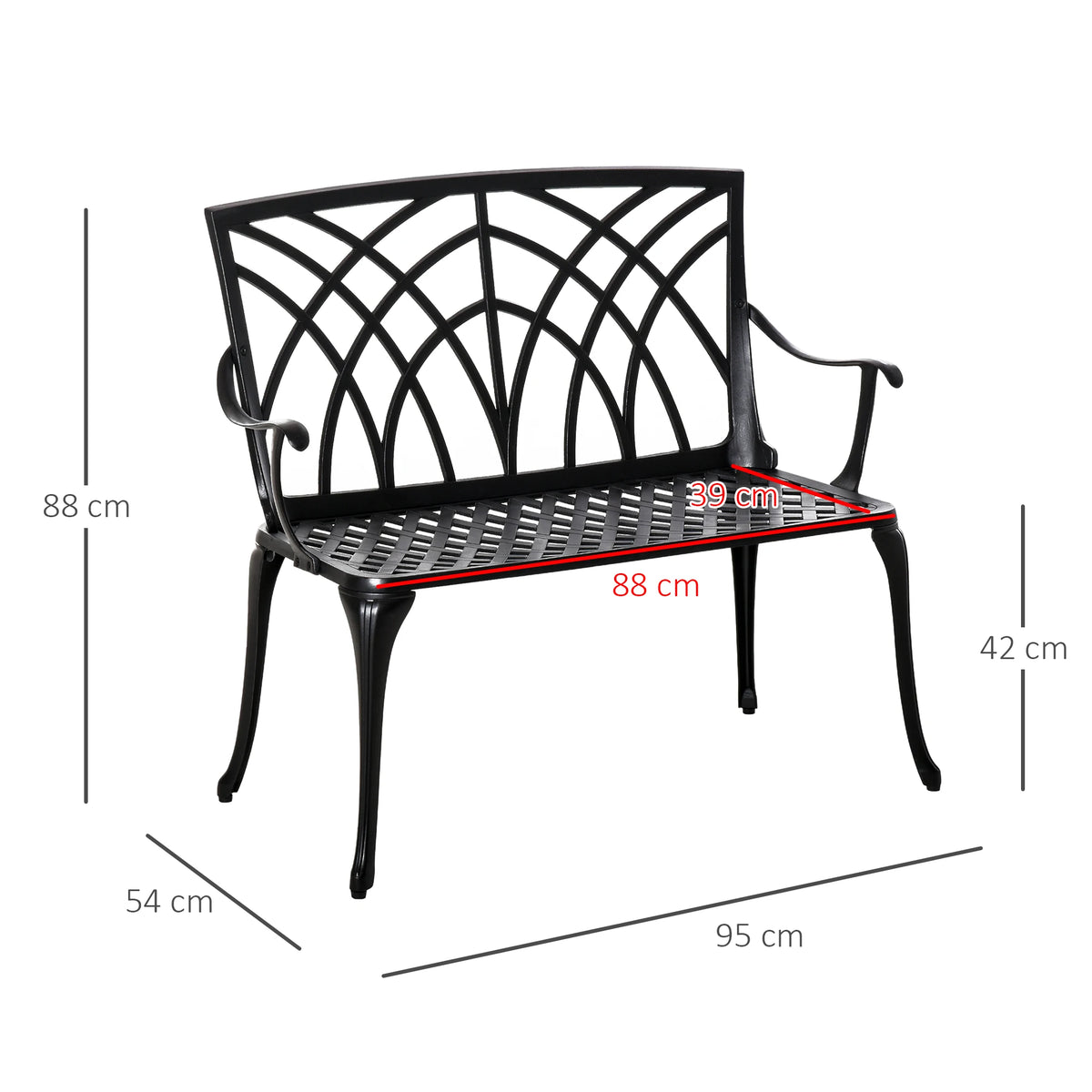 2-Seater Cast Aluminium Garden Bench with Curved Armrests, Black