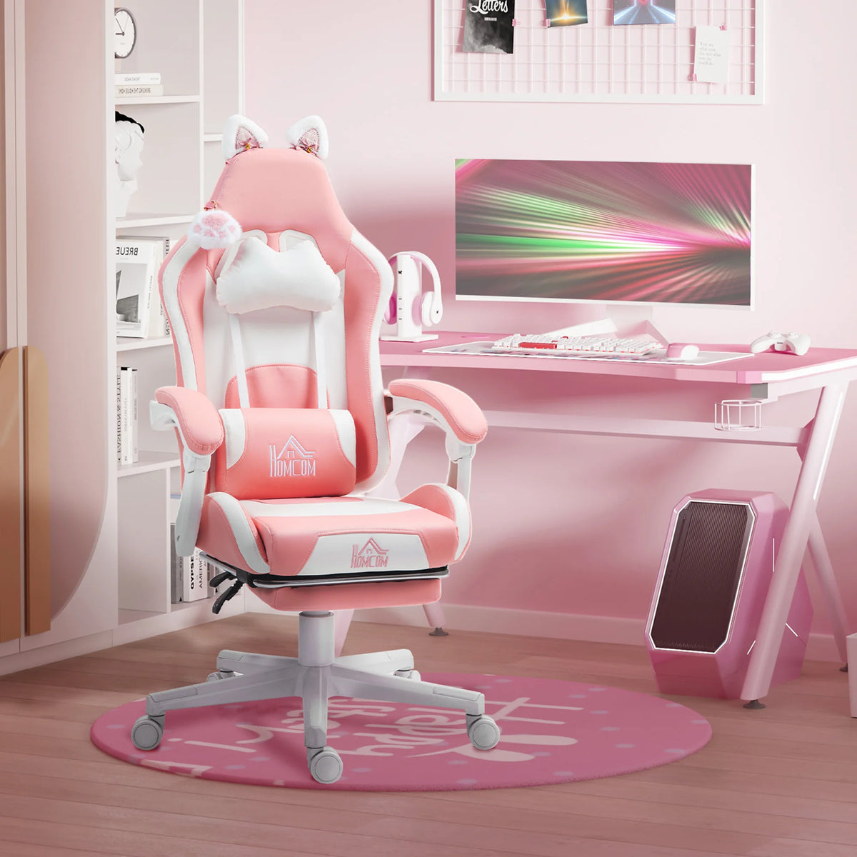 Gaming Chair with Retractable Footrest Reclines to 135 Degrees Cat Ear Design Faux Leather Height Adjustable