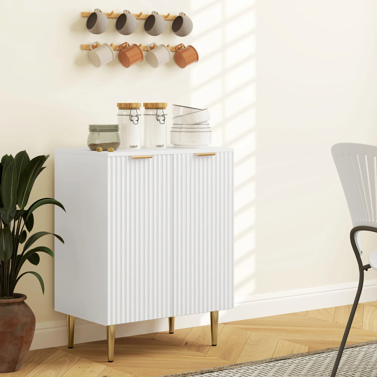 Sideboard Buffet Cabinet with 2 Compartments and 3 Level Adjustable Dividing Shelf Modern White