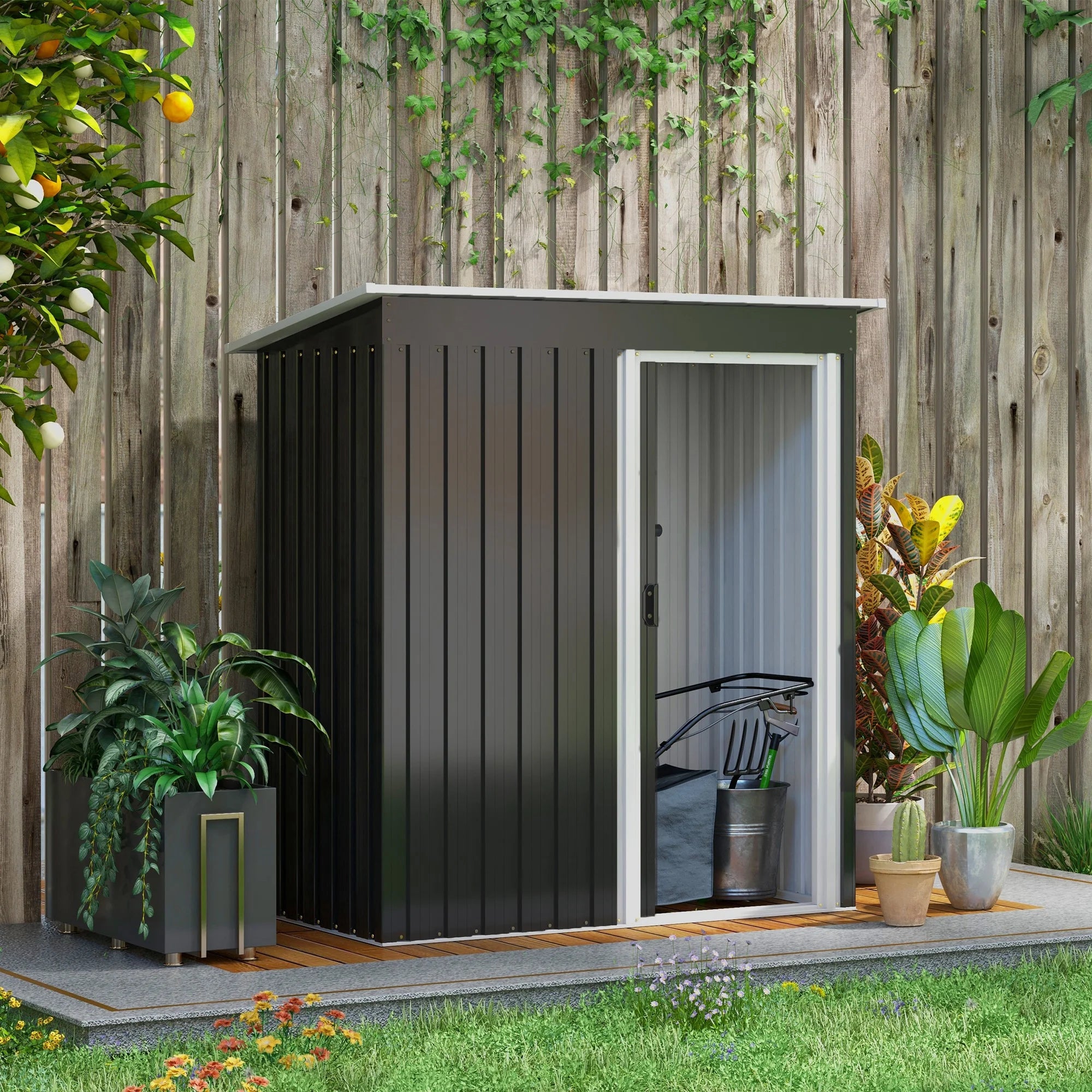 5 x 3ft Galvanised Steel Garden Storage Shed with Sliding Door and Sloped Roof