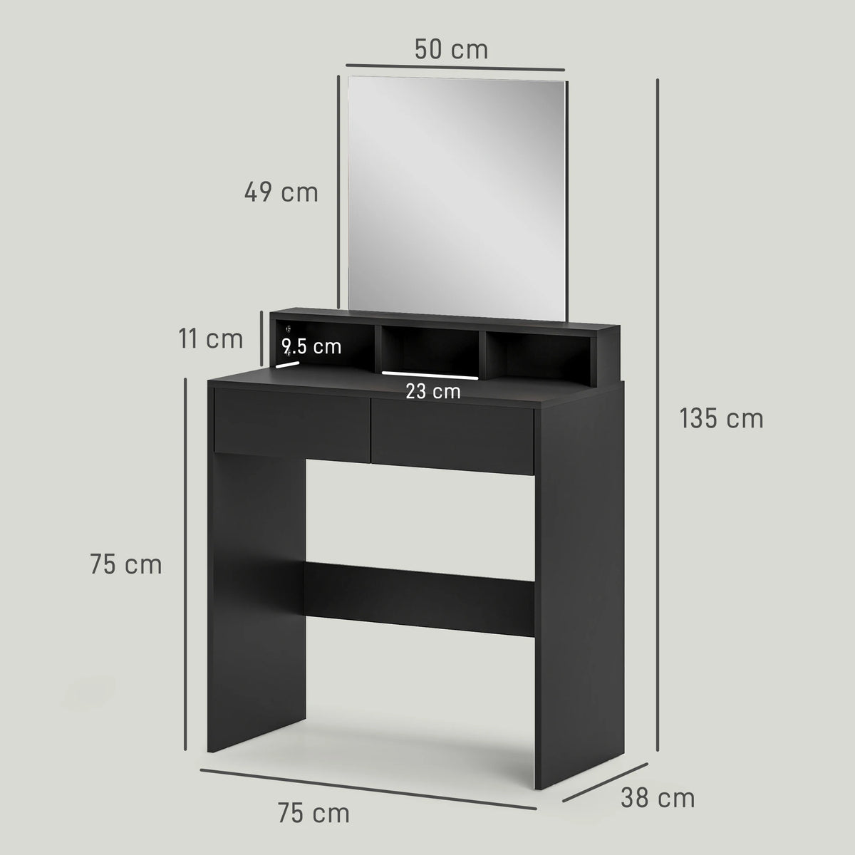 Compact Dressing Table with 49x50cm Copper Free Mirror 3 Shelves 2 Drawers and Anti Tipping Straps Black