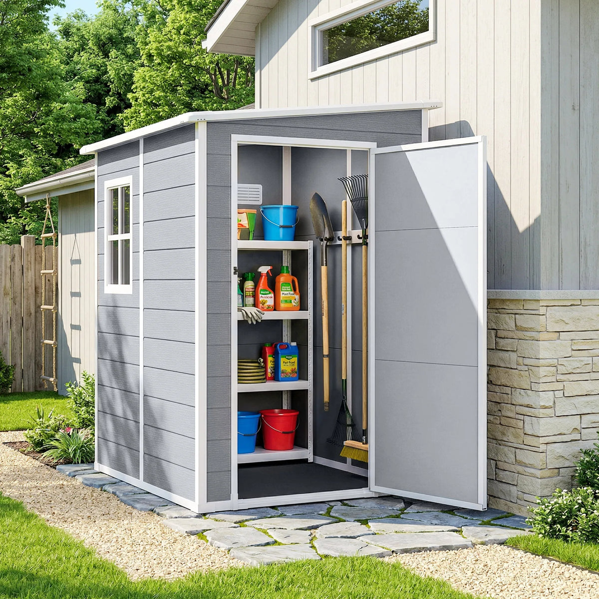 4 x 5ft Lean-To Garden Shed with Window, Vent and Lock, Grey