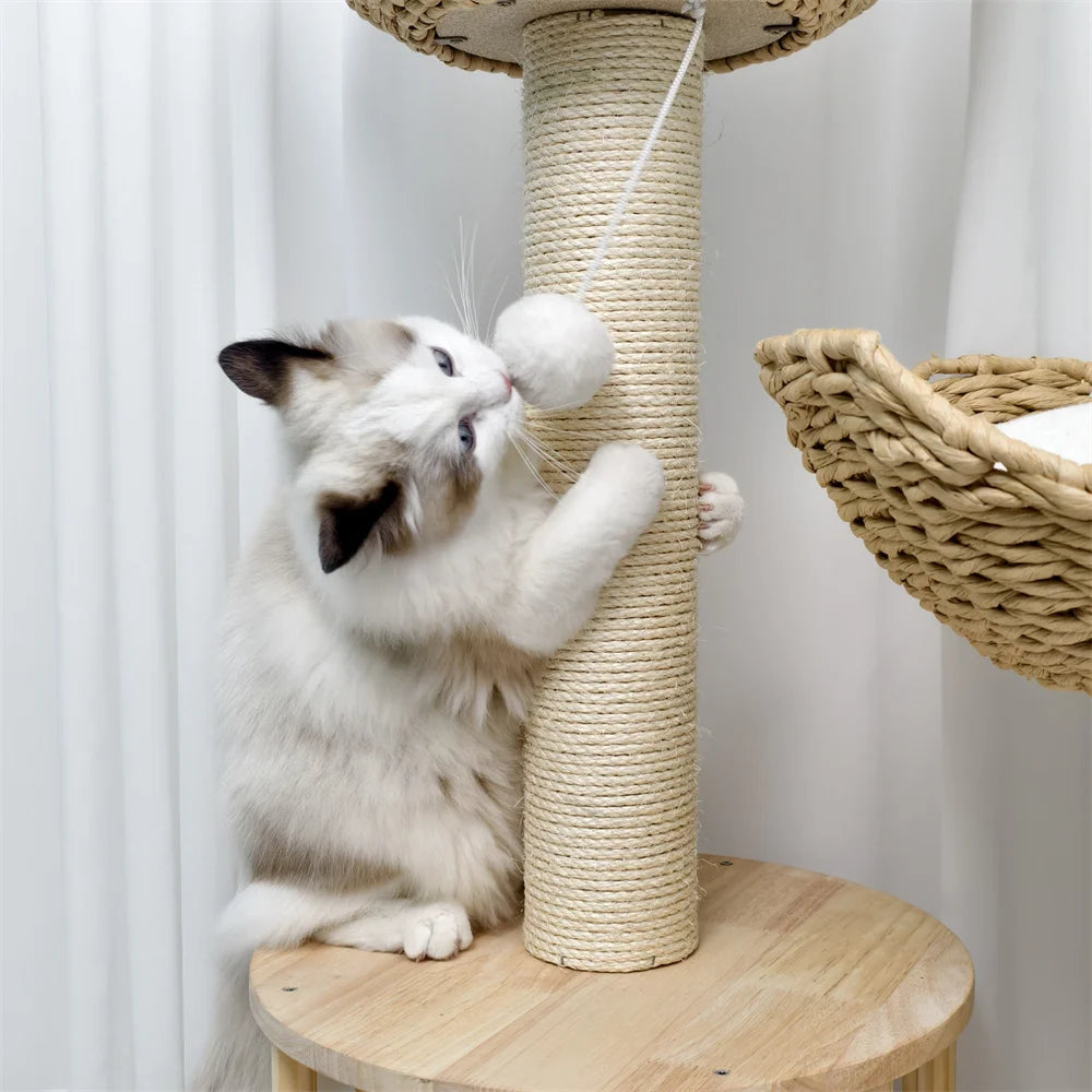 BORWART 3 Tier Cat Tree 99cm Wide Base Large Baskets Padded Perches Sisal Scratching Post Hanging Toy